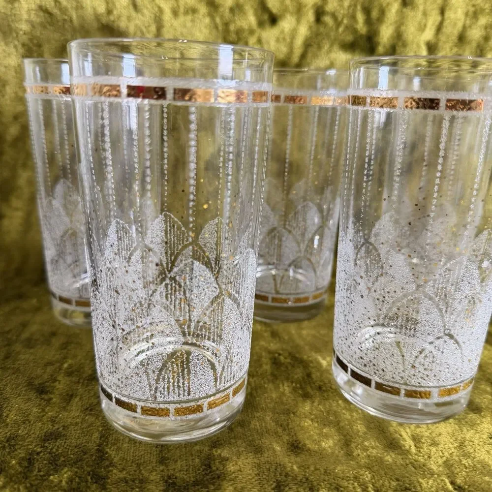 Mid Century Art Deco Clear With Gold Confetti Etching Tumbler Glasses 8 Count